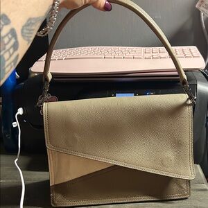 Botkier Crosstown Medium Leather Hobo Bag in a cream or taupe colorblock design